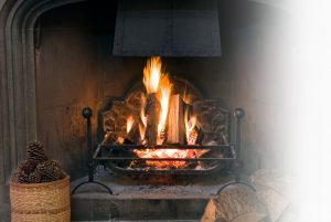 Roaring Fireplace and Pine Cones