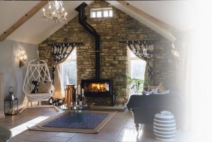 Modern Living Room Featuring Wood Burning Stove